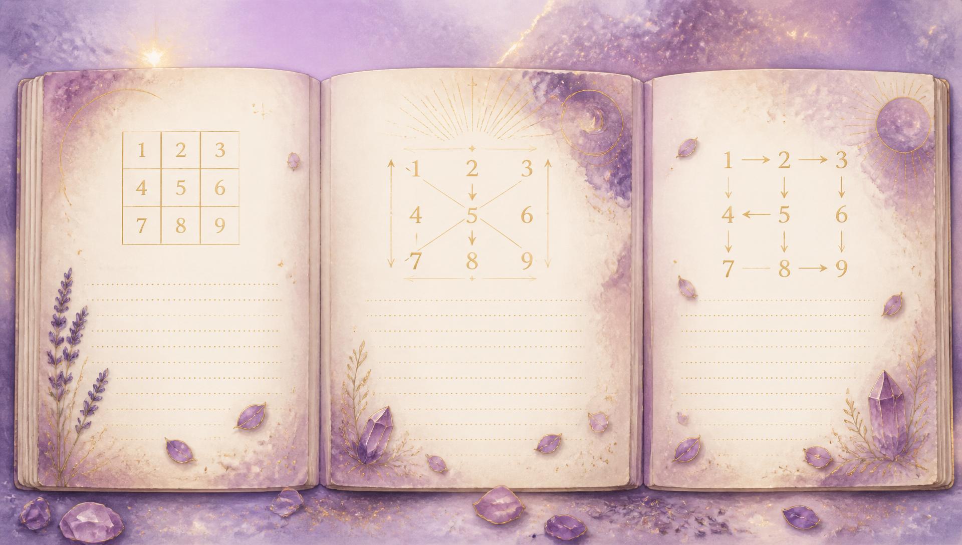 Drie voorbeeldpagina's uit het Miran's Alchemy numerologie-rapport